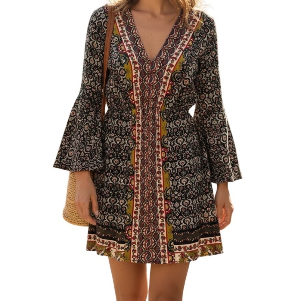 MIIN Bohemian Paisley Floral Bell Sleeve Open Tie Back Mini Dress EUC Size S‎